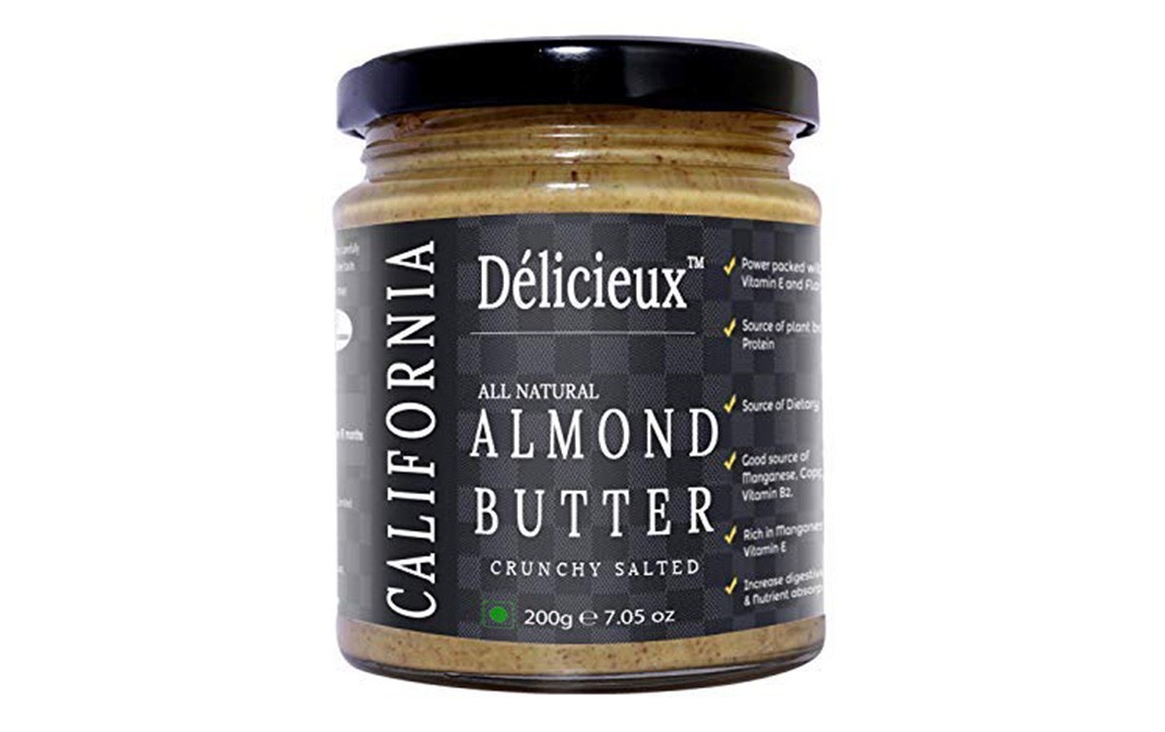 Delicieux All Natural California Almond Butter, Crunchy Salted   Glass Jar  200 grams
